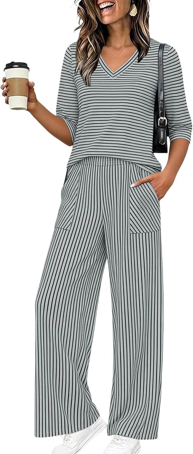 Women's 2 Piece Lounge Pajama Sets Soft 3/4 Sleeve Tops and Wide Leg Pants Loose Casual Outfits with Pockets