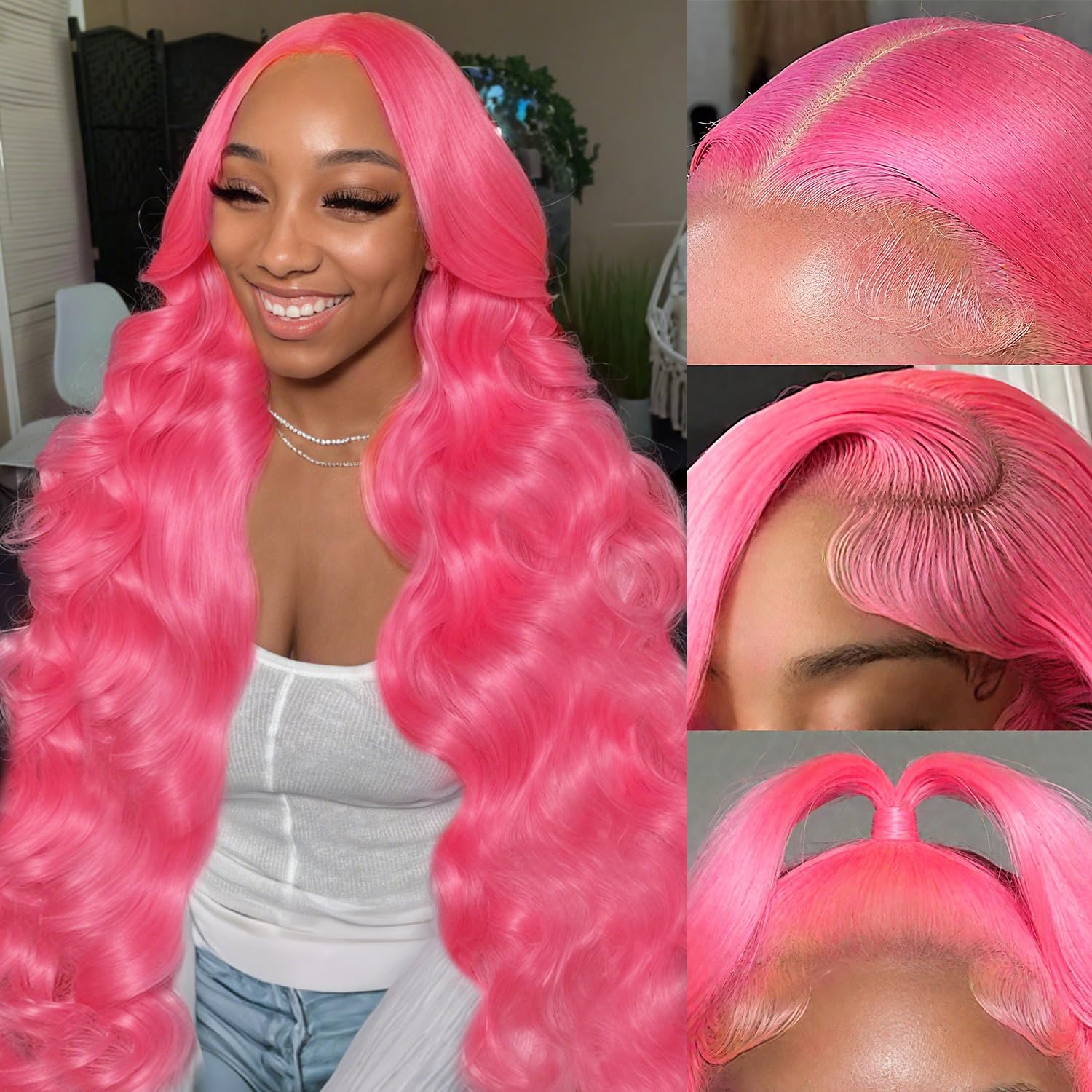 GHYK Pink Human Hair Wig Body Wave HD Glueless 13X6 Lace Front Wigs Human Hair Pre Plucked Pre Cut 200 Density HD Lace Frontal Body Wave Wig for Women