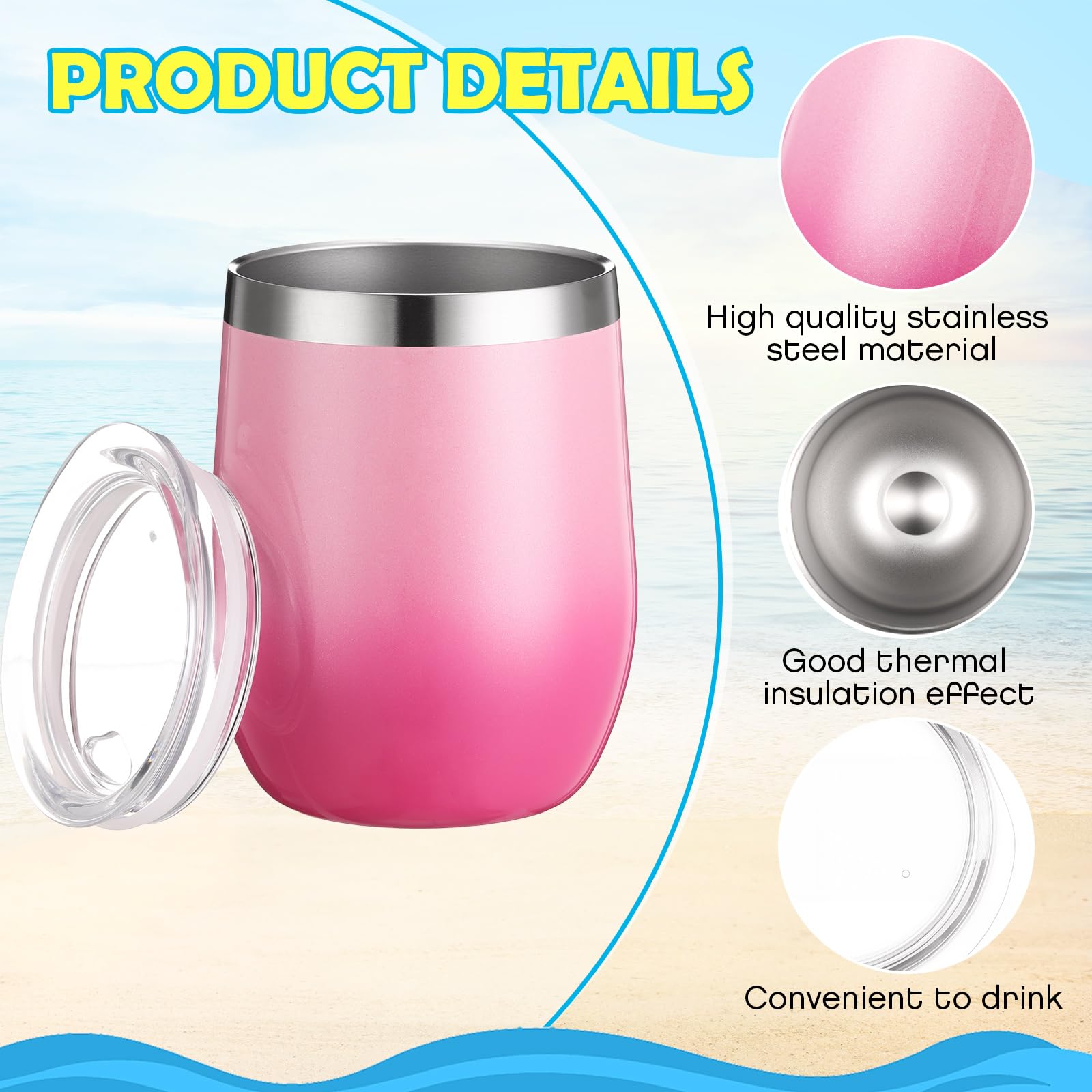 Baderke Weingläser mit Deckel, 340 ml, Edelstahl, Weingläser für Damen, wiederverwendbar, doppellagig, Reisebecher für Kaffee, Cocktails, Getränke, Farbverlauf, mehrfarbig, 8 Stück