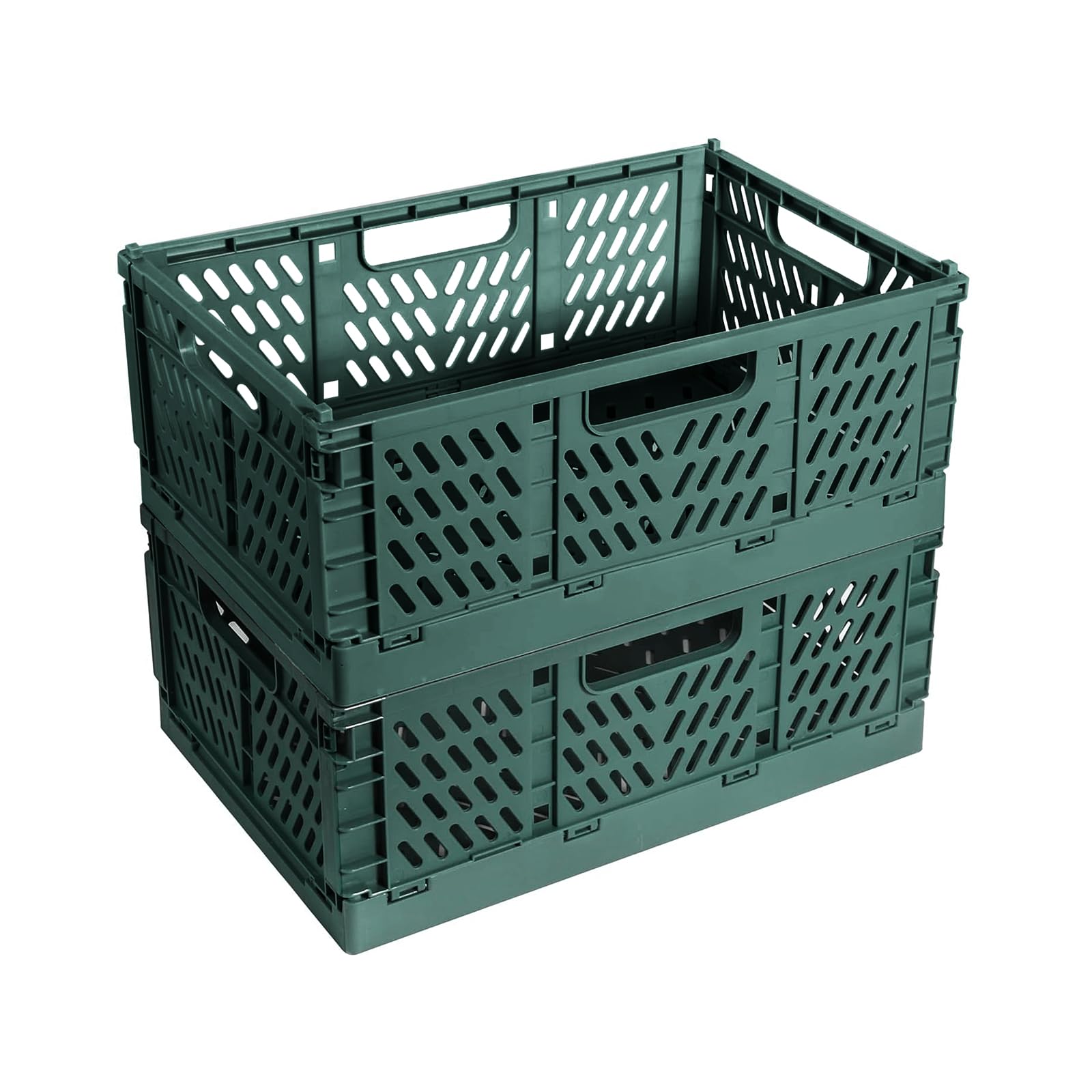 Bocguy 2 Pieces Folding Crate, Plastic Sturdy Folding Boxes, Foldable Storage Basket, Stackable Folding Box Set for Storage, Kitchen, Bedroom, Study, Office, Garden (Dark Green, 30.5 x 20 x 12 cm)