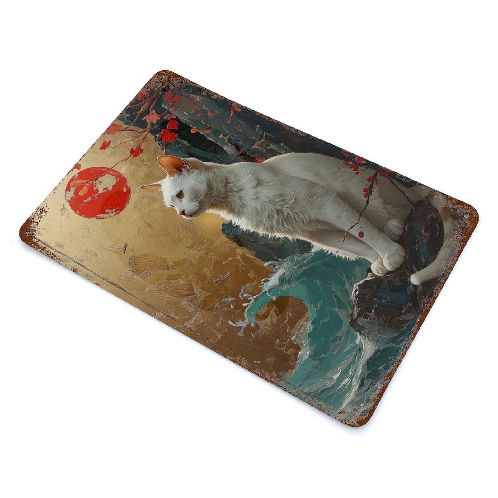 Cat with Sun 11.8"x7.9" Aged Metal Wall Plaque, Novelty Wall Decor for Garage, Bar And Workshop Decor