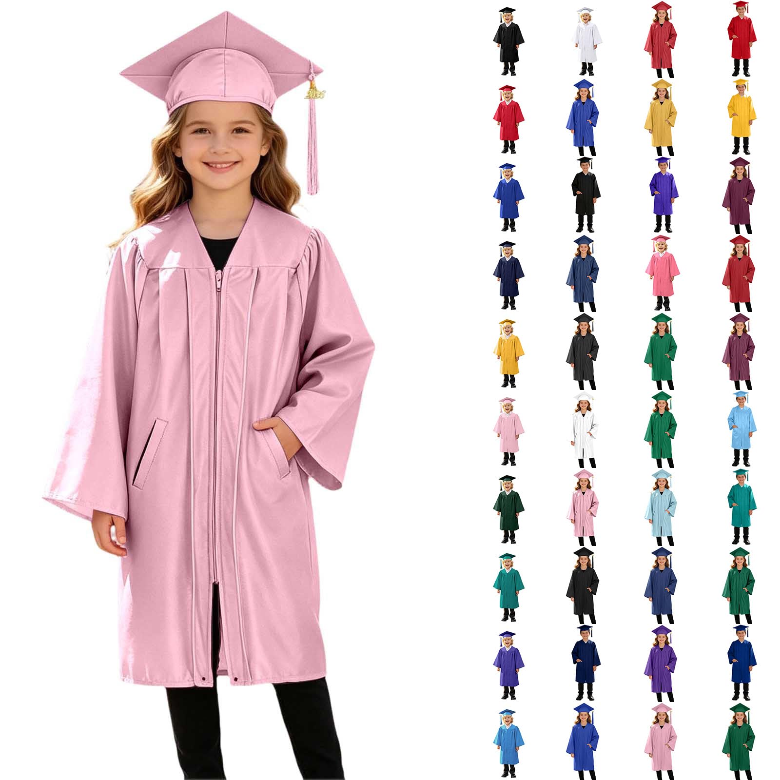 3 Piece Graduation Set for Kids, Gown, Cap, Gold 2026 Tassel, Unisex Boys Girls Preschool Kindergarten Primary School Graduation Gown and Cap Dress Up Props Costume, 17-Pink