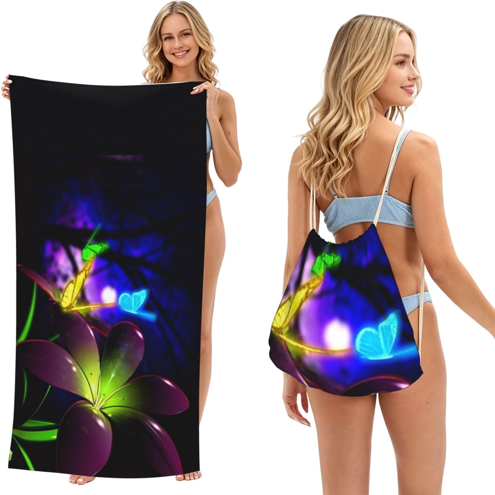 WSHFFILO Blue Purple Flower Butterfly printed 2 in 1 Packable Towel Bag Bath Towel Beach Towel