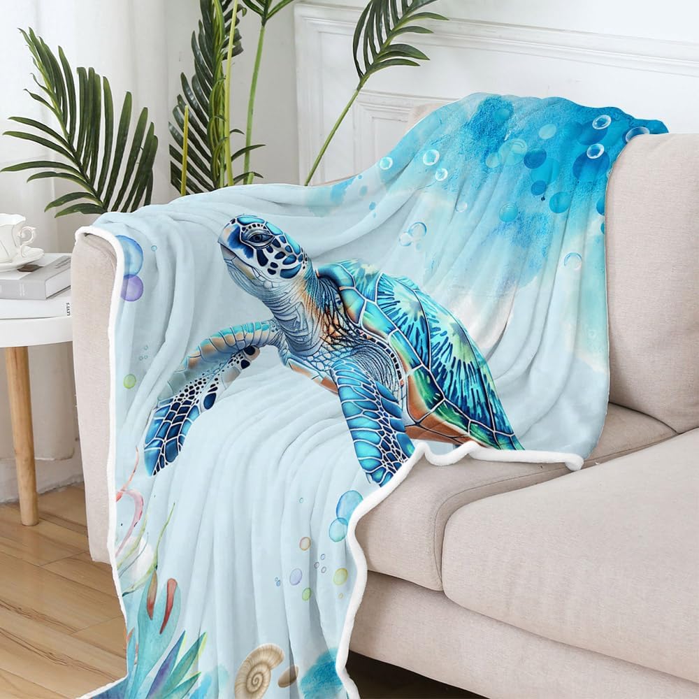 JAWO Sea Turtle Blanket Coastal Throw Cozy Beach and Nautical Sea Turtles Blanket Sea Animal Starfish Turtle Blankets Throws Gifts for Kids and Adults 50" x 60", Teal - Image 4