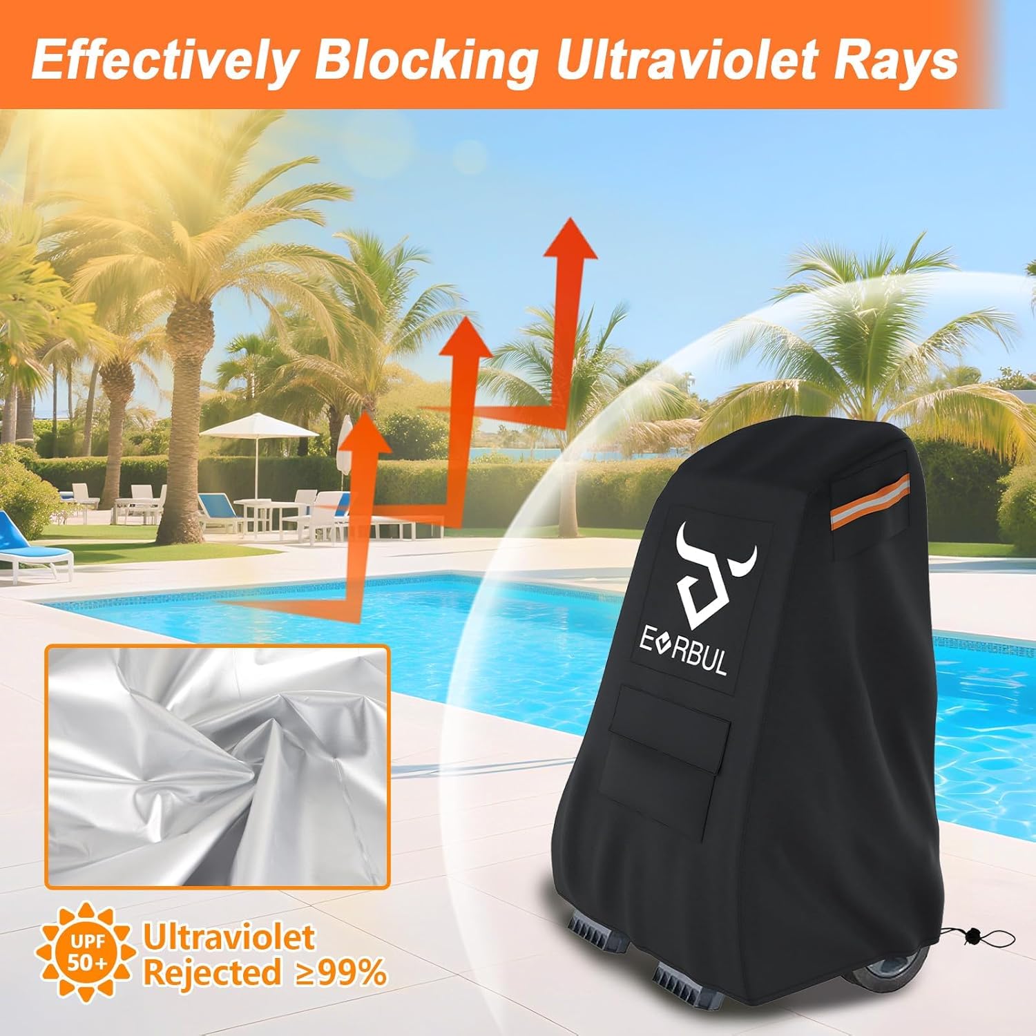 EVRBUL Pool Cleaner Caddy Cover, 26" L x 22" W x 42" H Heavy Duty 420D Waterproof Robotic Pool Caddy Cover with Air Vent, Reflective Strip, Windproof Drawstring