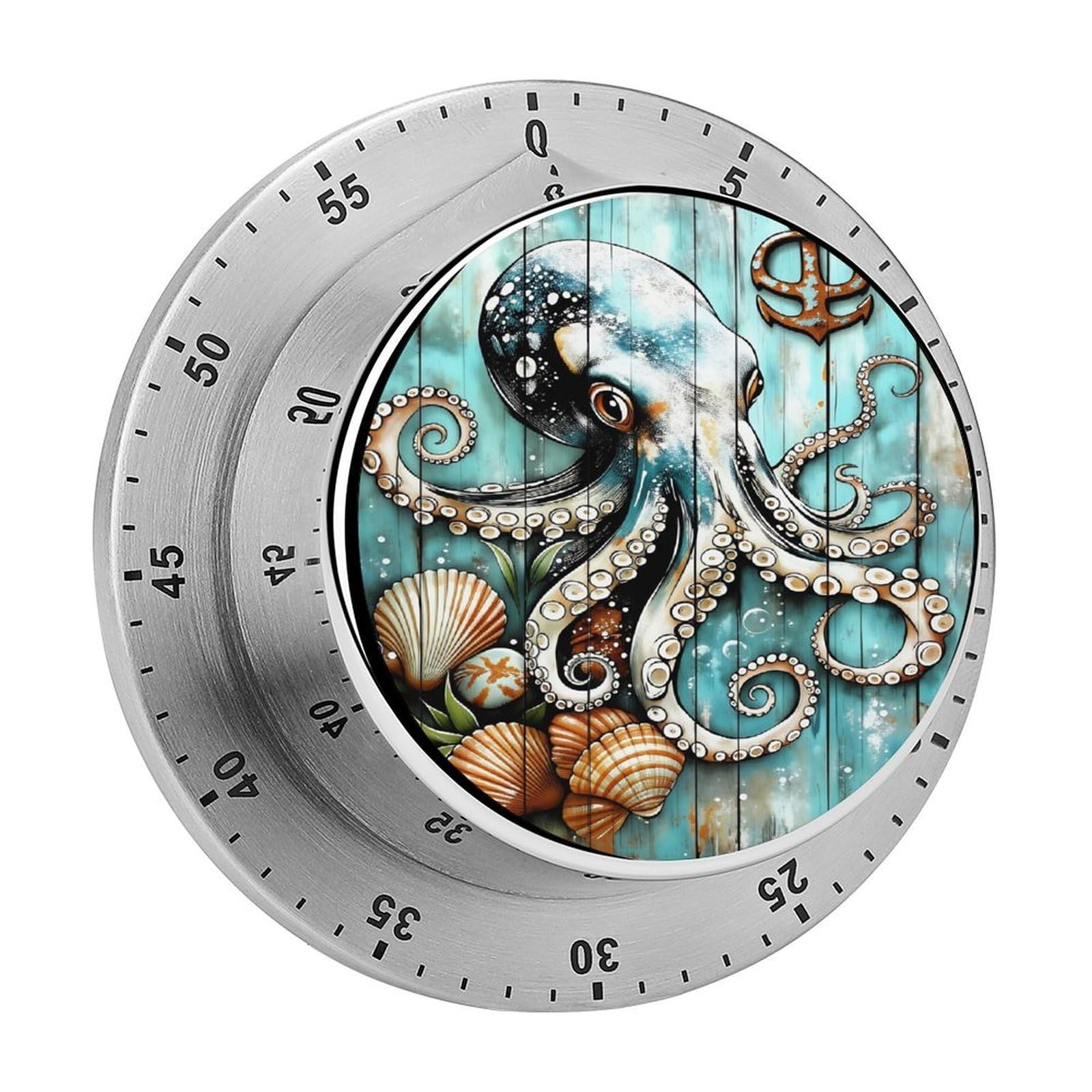 Vintage Octopus Seashell Nautical 60 Minute Wind Up Timer,Visual Mechanical Magnetic Timer with Loud Alarm for Kitchen