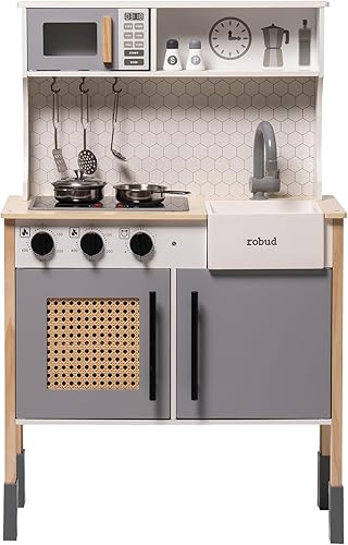 ROBUD Juego de cocina para niños, juego de cocina de madera con sonidos y luces, moderno juego de cocina vintage para niños pequeños, regalo para