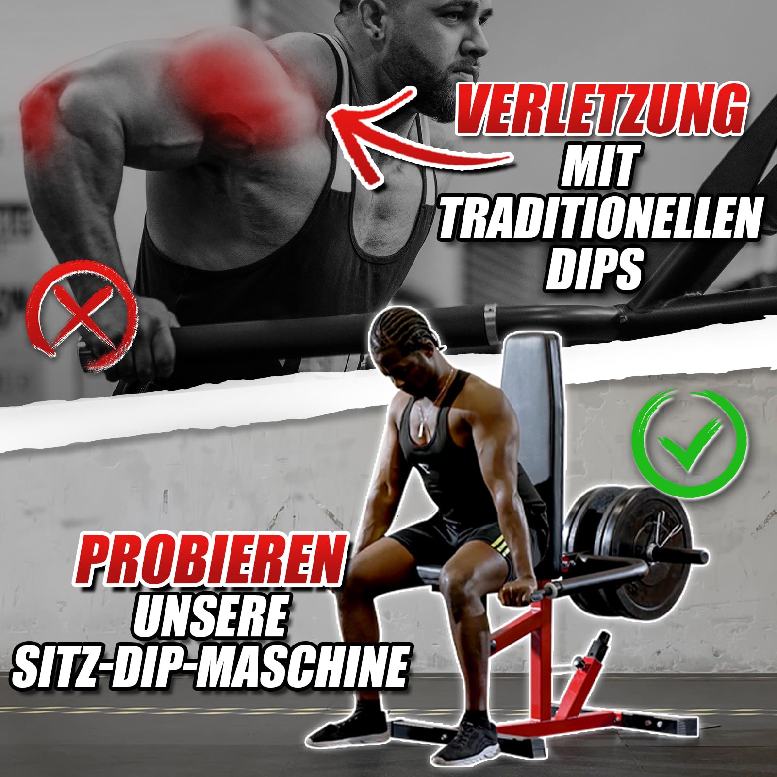 Dipmaschine, Trizeps Trainingsgerät mit Rudergriff, Trizepspresse mit Breitem und Schmalem Griff, 182kg Kapazität Bizeps Maschine, Dip Station