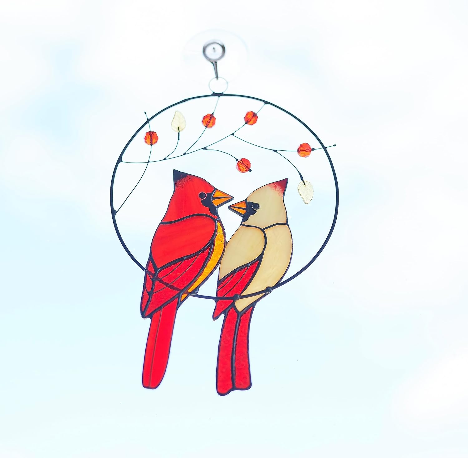 Cardinal Couple in Circle Suncatcher – Cute Birdy Suncatcher for Window – Handcrafted Stained Glass Window Hanging – Lovely Glass Adornment for House – Original Art Gift
