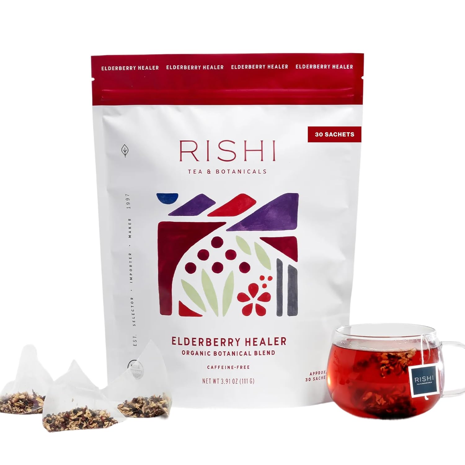 Rishi Tea Elderberry Healer Herbal Tea - Organic, Caffeine Free Sachet Bags, Antioxidant Elderberry with Ginger & Hibiscus - 30 Count