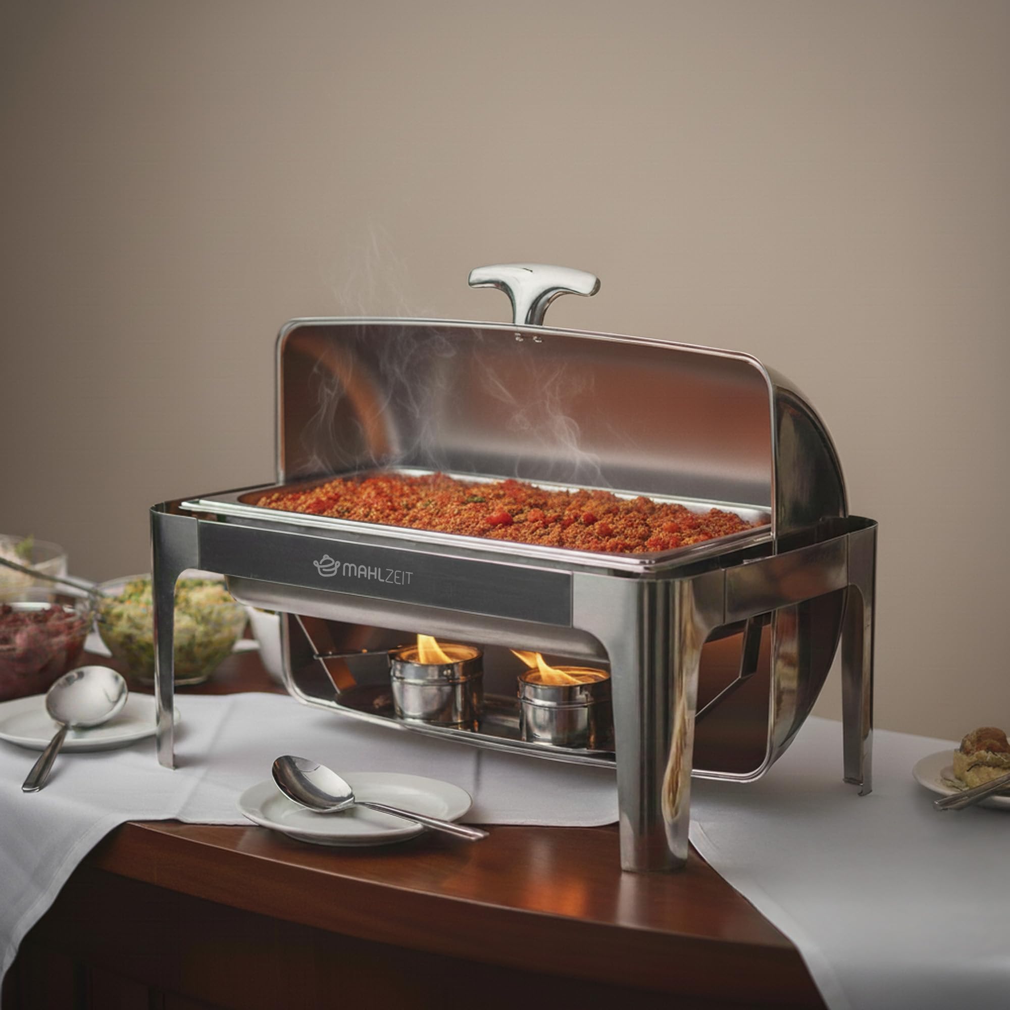 Mahlzeit Edelstahl Chafing Dish mit Rolltop 8 Liter | Speisenwärmer, Wärmebehälter, Bain Marie Rechaud | Warmhaltebehälter Essen, Chafing Dishes für Buffet Catering Gastro und Party, GN Behälter