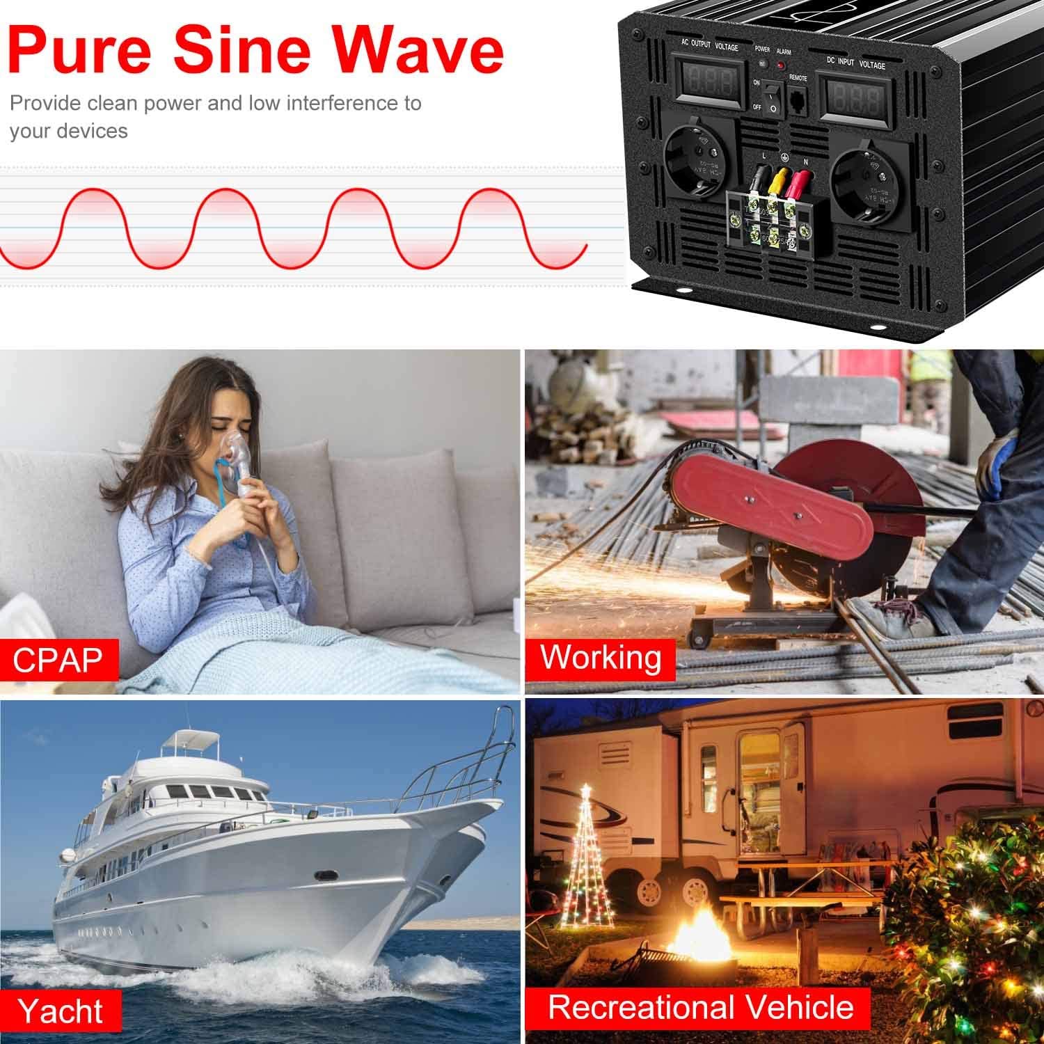 CNSWIPOWER 3200W (máximo 6400W) Onda sinusoidal Pura inversor de Corriente DC 12V a AC 230V 50Hz Solar conversor para Uso en casa Coche (DC12V (Rango 10V-15V) 3200W)