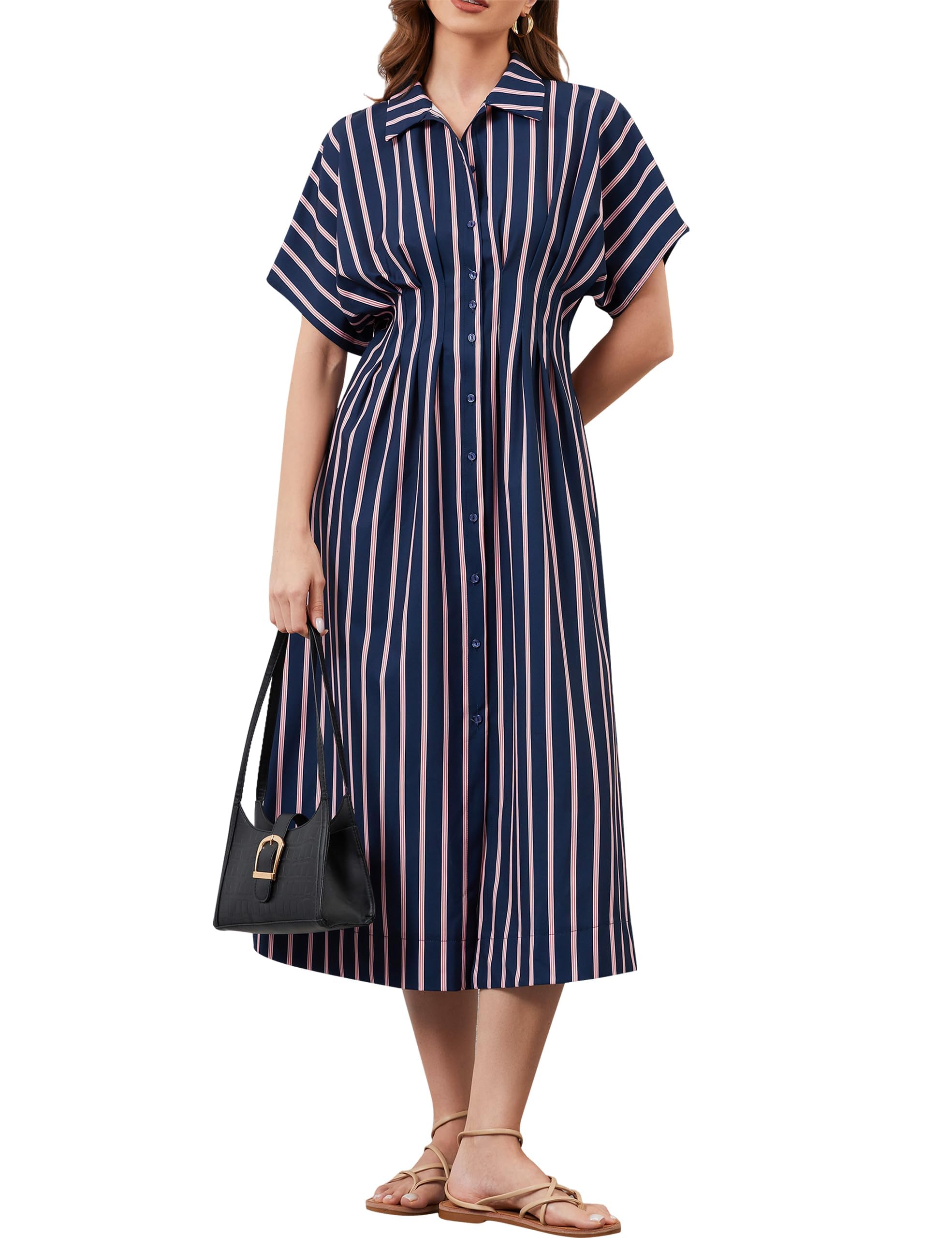 Women Striped Button Down Shirt Maxi Dresses Summer Pleated Short Sleeve Collar Casual Corset Long Dress