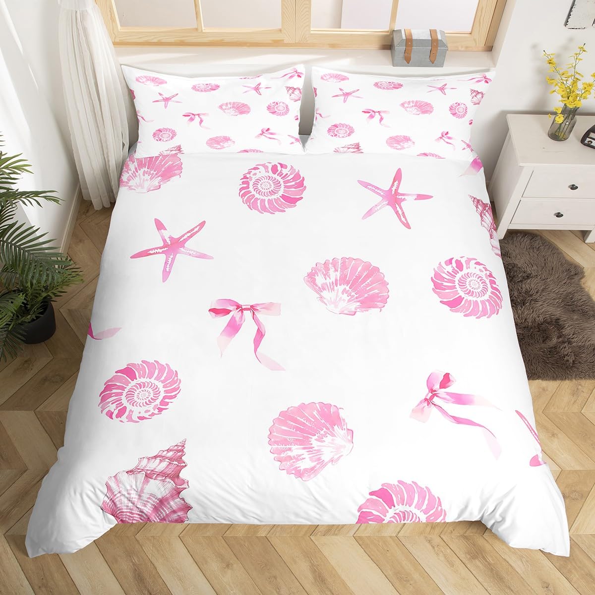 Homewish Set di biancheria da letto per letto super king size, motivo: vita marina costiera, con fiocco, conchiglie, stelle marine, per bambini, donne, ragazze, set di biancheria da letto subacquea