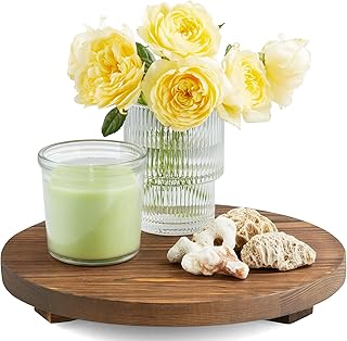 Small Round Decorative Tray Burnt Wood Pedestal Stand Farmhouse Bathroom Decor Kitchen Dish Soap Holder Wooden Riser for Vanity, Counter, Sink, 9" - Brown