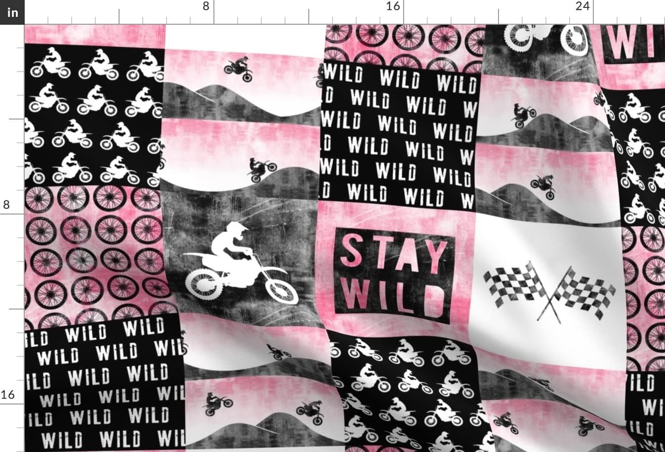 Spoonflower Fabric - Motocross Patchwork Wild Pink Dirt Bike Little Arrow Nursery Cheater Printed on Minky Fabric by The Yard - Sewing Baby Blankets Quilt Backing Plush
