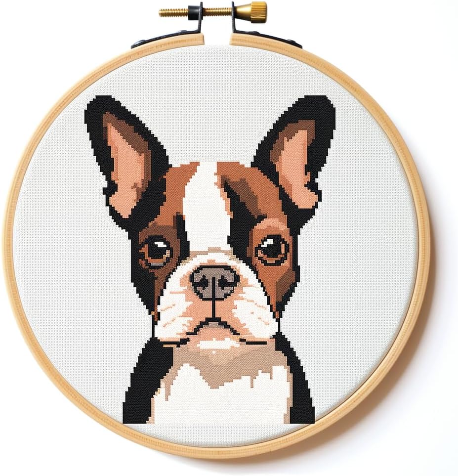 Generic Cartoon Boston Terrier DIY 11CT Stamped Cross Stitch Kits Easy for Beginners Children with Hoop Needlepoint Counted Embroidery Kits Art Craft Wall Decoration 12x12inch(2)