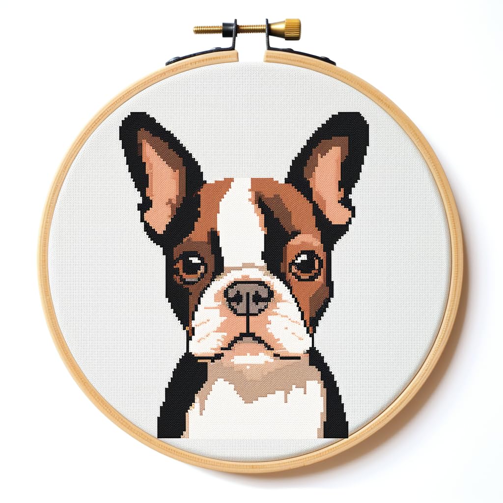 Cartoon Boston Terrier Stamped Cross Stitch Kits for Beginners Easy with Hoop 11CT Needlepoint Embroidery DIY Counted Cross Stitch Kits Art Craft Wall Decor 12x12inch(2)