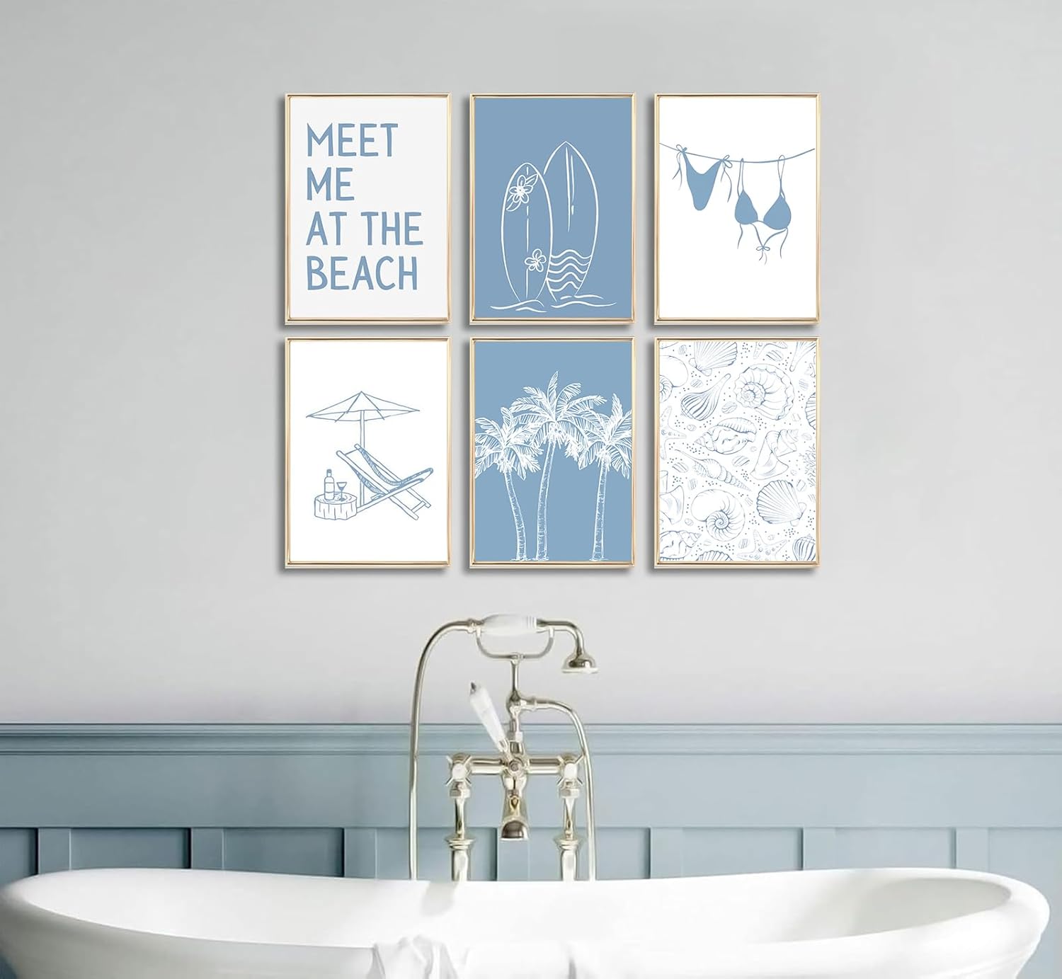 ZUGHRERF 6pcs Blue Coastal Canvas Wall Art Trendy Preppy Bikini Shells Poster Prints Ocean Themed Painting Artwork Beach Aesthetics Picture for Teen Girls Room Dorm Decoration 12"x16"Unframed