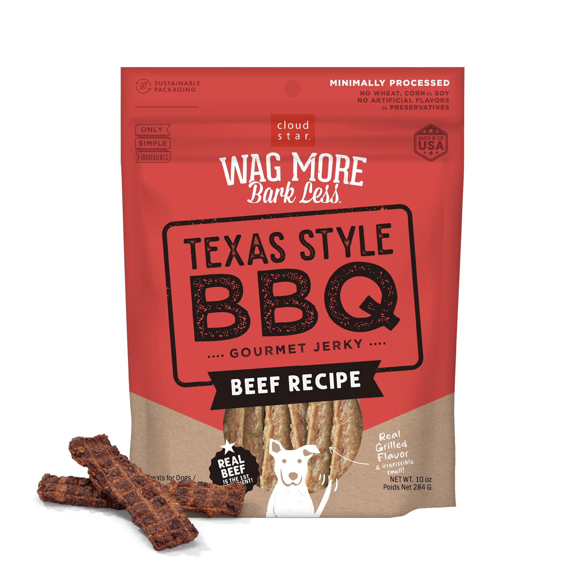Wag More Bark Less Jerky Grain Free Dog Treats, Texas BBQ Beef, 10 oz. Pouch