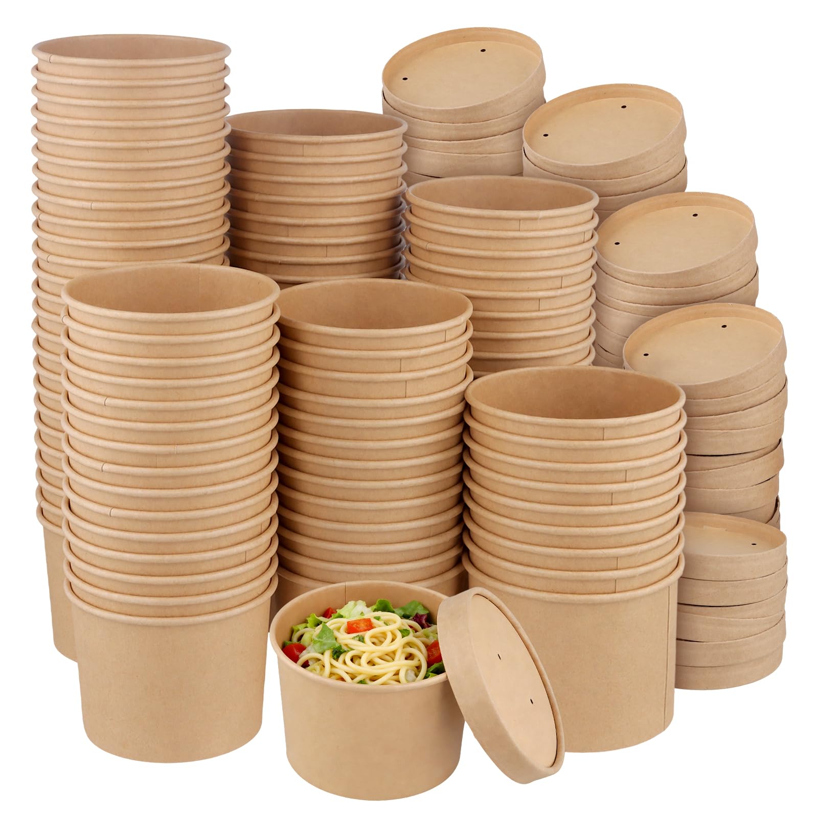 KOHAND 100 PCS Kraft Soup Containers with Lids, 12 Oz Brown Paper Soup Cups, Round Cardboard Food Containers for Takeaway Salads, Ice Creams, Hot Soups