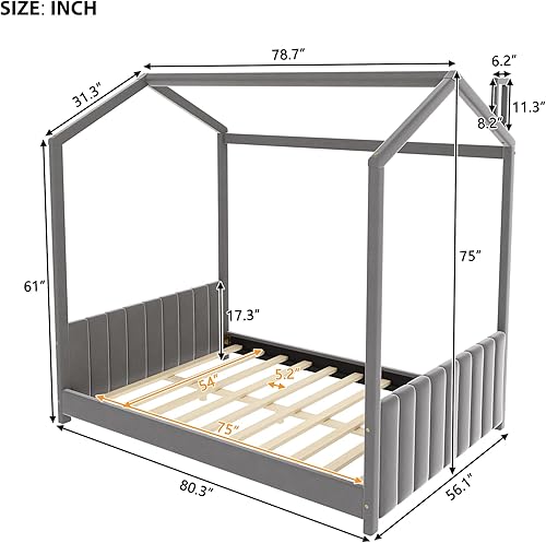 Miniatura 2 de DEINPPA Cama de casa de princesa tamaño individual con cabecera y estribo tapizados de tela de terciopelo, marco de cama para niños con diseño de