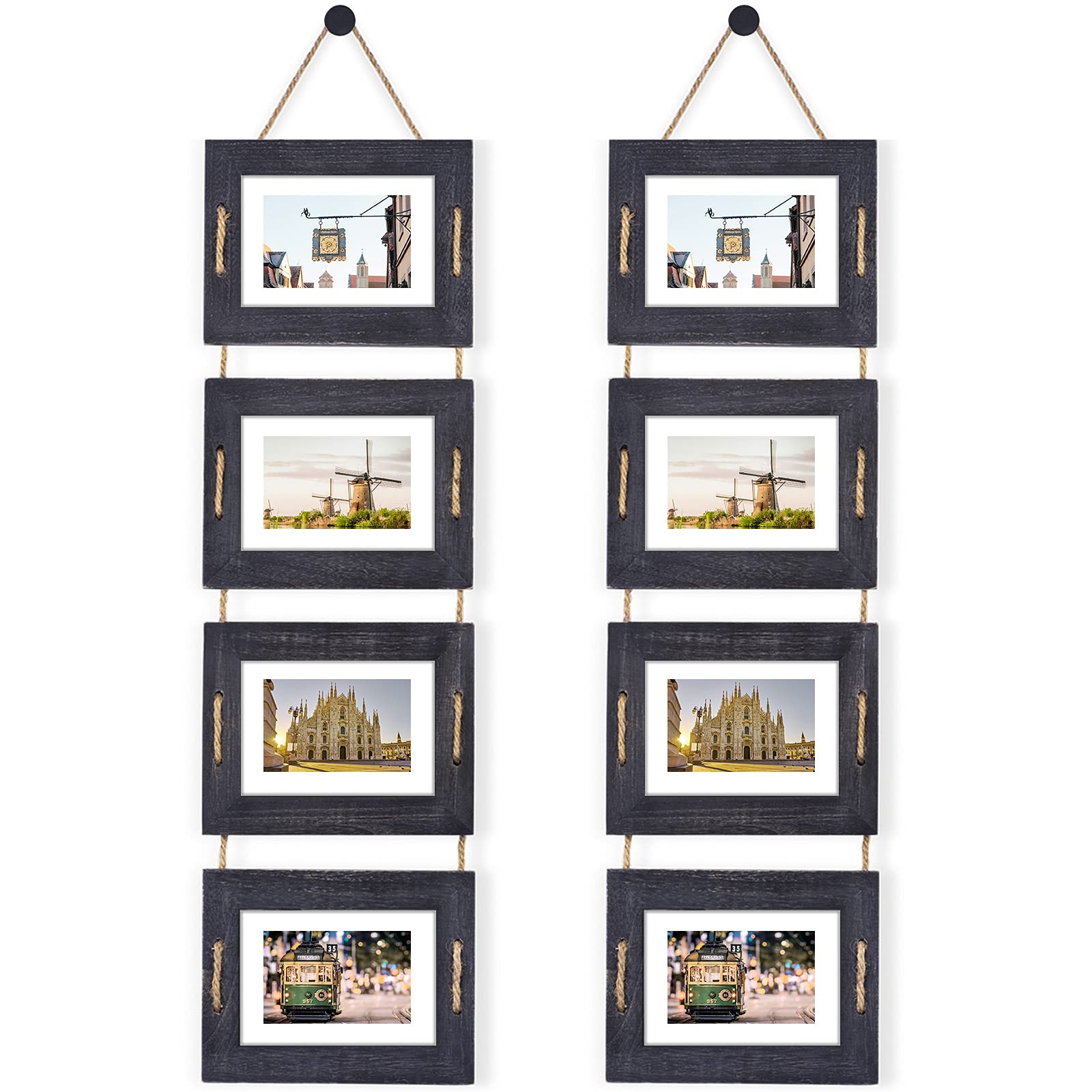 DLQuartsHanging Picture Photo Frames 4-Frame Collage 5x7 Without Mat & 3.5x5 with Mat, Rustic Wood Weathered Black 2 Pack