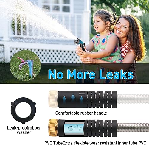 Miniatura 4 de Manguera de jardín de acero inoxidable de 100 pies con boquilla de pulverización ajustable de 10 funciones, manguera de jardín de metal resistente