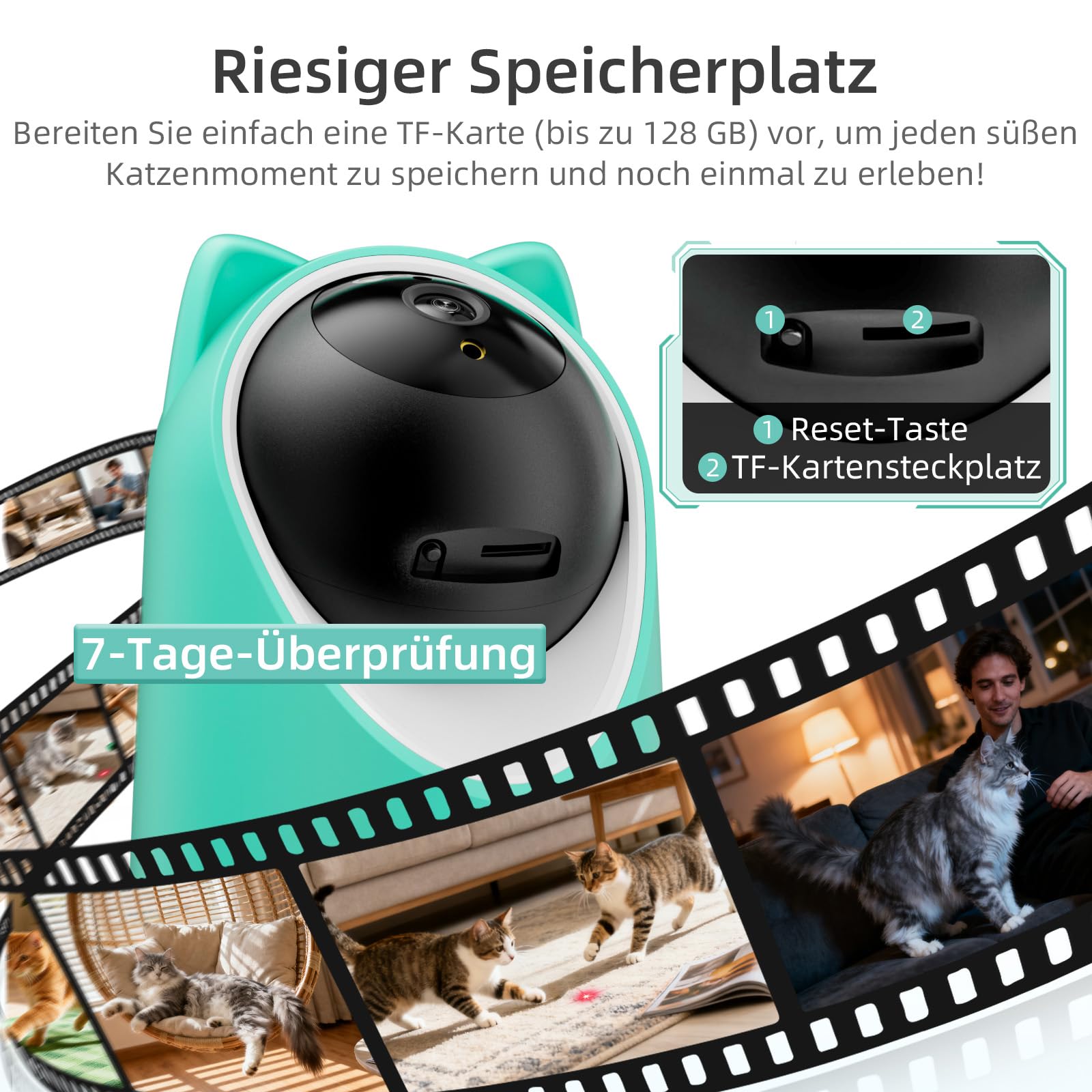 ASFSKY Katzen Kamera Pet Camera with App, Haustierkamera mit App Katzenkamera Heimtierkameras mit Auto-Tracking, Physische Abdeckung für Datenschutz, Bewegungsmelder, Nachtsicht, Audio