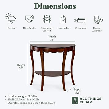 All Things Cedar Wood Half Moon Accent Console Table with Lower Storage Shelf, Cherry