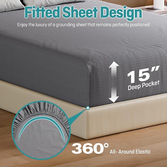 Grounding Fitted Sheets Full Size, Grounding Sheets Full with 10% Silver Fiber, 15'' Deep Pocket Grounded Fitted Bed Sheets for Better Sleep & Wellness, 54x75x15, Gray
