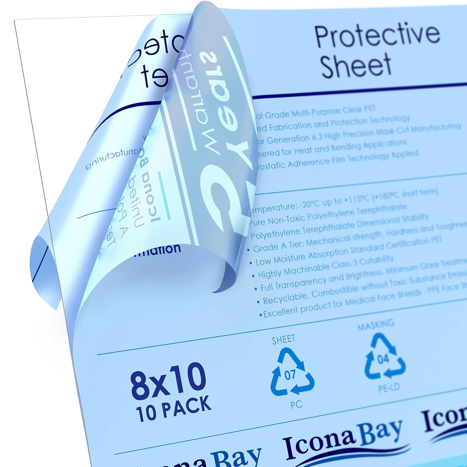Icona Bay PET Plexiglass, Thin & Flexible Plastic Sheets (8x10 x 0.03 inch, Clear, 10 Pack), Easy to Cut for DIY Art Projects, Picture Frame Replacement Glass, PET Sheeting is Pliable Unlike Acrylic