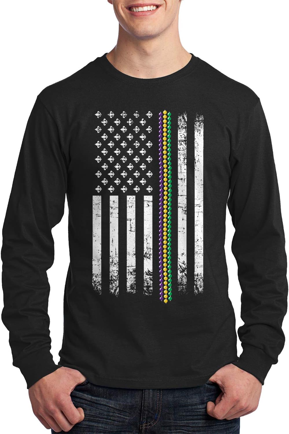 Threadrock Men's Mardi Gras Beads American Flag Long Sleeve T-Shirt