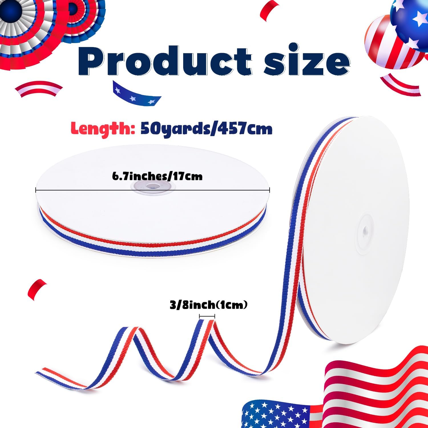 Red White and Blue Ribbon Patriotic Ribbon 3/8 Inch x 50Yds American Flag Striped Grosgrain Ribbon for Gift Wrapping, 4th of July Decorations, Memorial Day Decorations, School Baseball Medals Crafts
