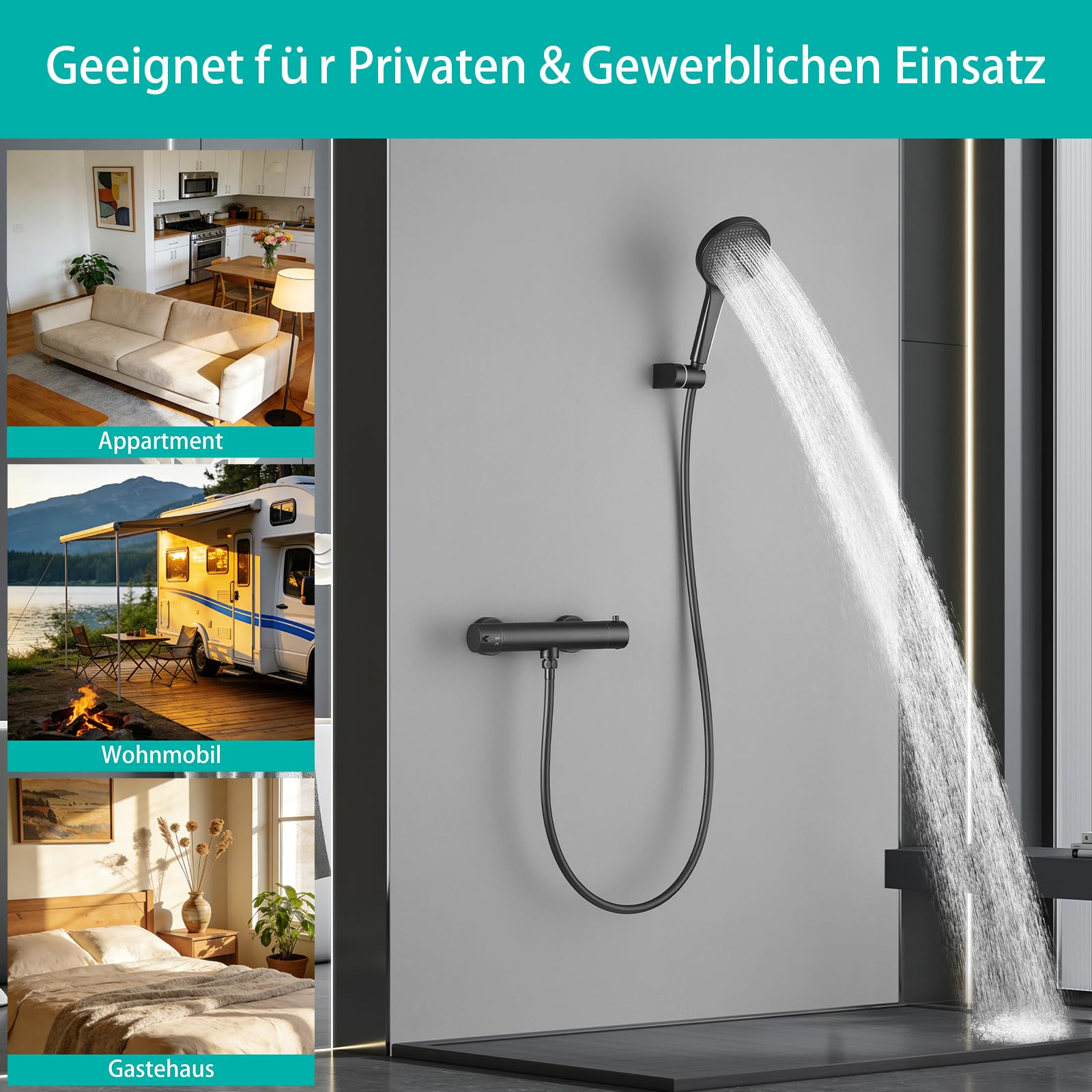 Duscharmatur mit Thermostat Schwarz Duschsystem Komplettset | Aufputz Mischbatterie Dusche Komplett 38°C Anti Verbrennung, Regendusche für Badezimmer, Badewanne & Wohnmobil