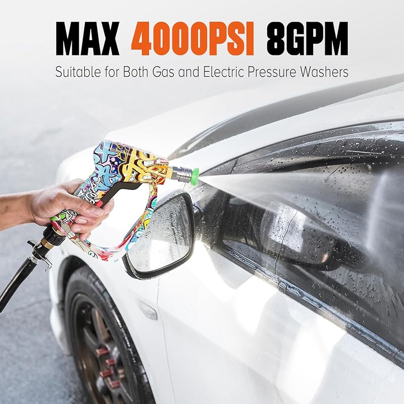 Short Pressure Washer Gun, High Pressure Washer Gun 4000 PSI M22-14mm & 3/8" Connect Car Accessories Car Washing Gun Car Detailing Kit with 5 Spray Nozzle, 1/4" Quick Connector Coupler for Foam Cannon Fixed Inlet
