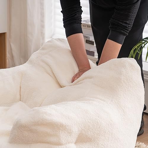 Miniatura 7 de Puf mediano de tela de peluche con brazos para adultos, sofá individual de tela para sala de estar, dormitorio, oficina (blanco)