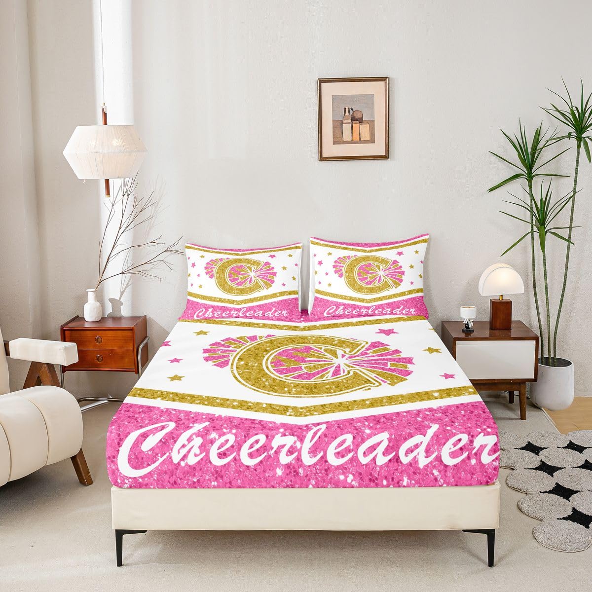 Juego de sábanas con inicial de letra C, sábana bajera ajustable con estampado de lentejuelas para animadoras ultrasuaves, decoración de habitación, tamaño King (sin sábana encimera)