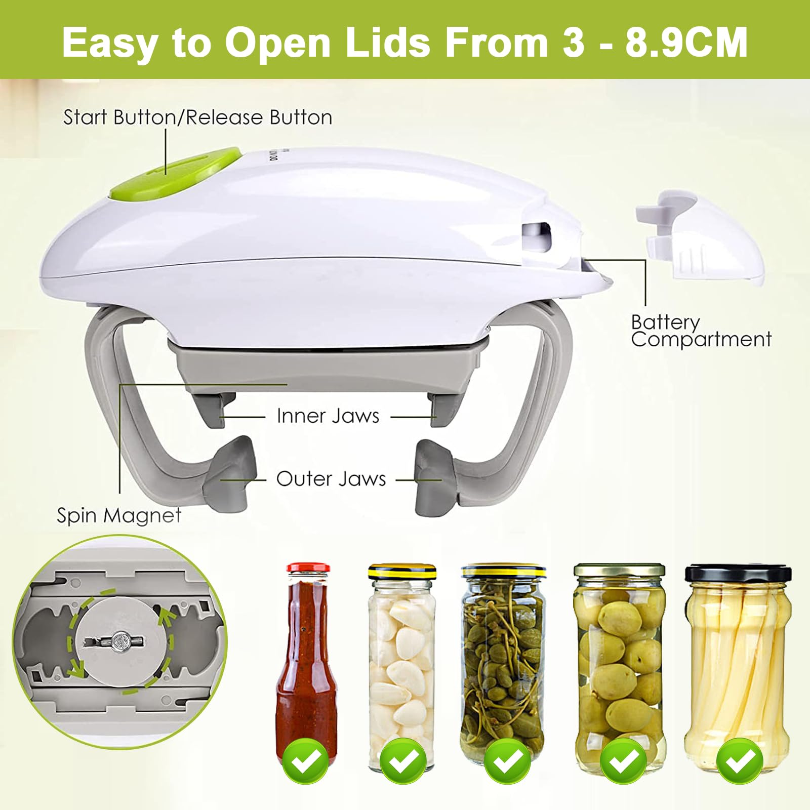 Ouvre-bocal Électrique – Ouvre-Boîtes Automatique Sans Effort, Idéal à la Maison, Accessoire Cuisine pour Tous, Alimenté par Piles (Blanc)