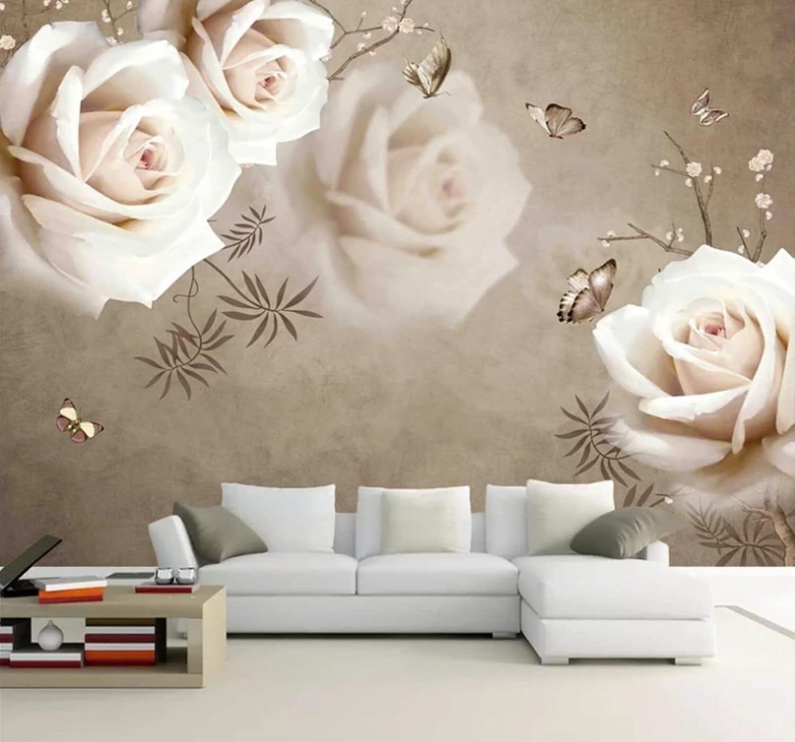 Wallpaper-3D-Xlm 350Cm×256Cm(B×H) Vintage Romantic White Roses Butterflies 3D Wallpaper Easy Install Feature Office Living Room Sofa Bedroom Tv Background Wall Decoration-350Cm×256Cm