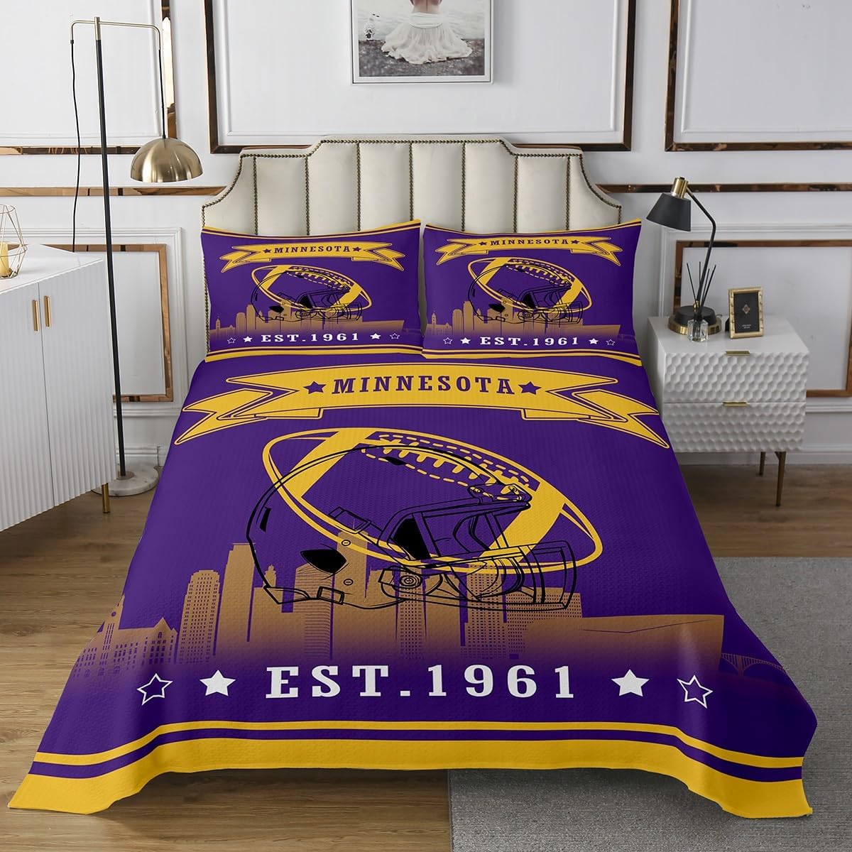 Erosebridal Football City Queen Size Coverlet Set American Football Quilt Set Rugby Game Bedspread Sets Modern Stars Stripes Bedding Set for Kids Teens Adult Bedroom,(Minnesota) Purple Yellow