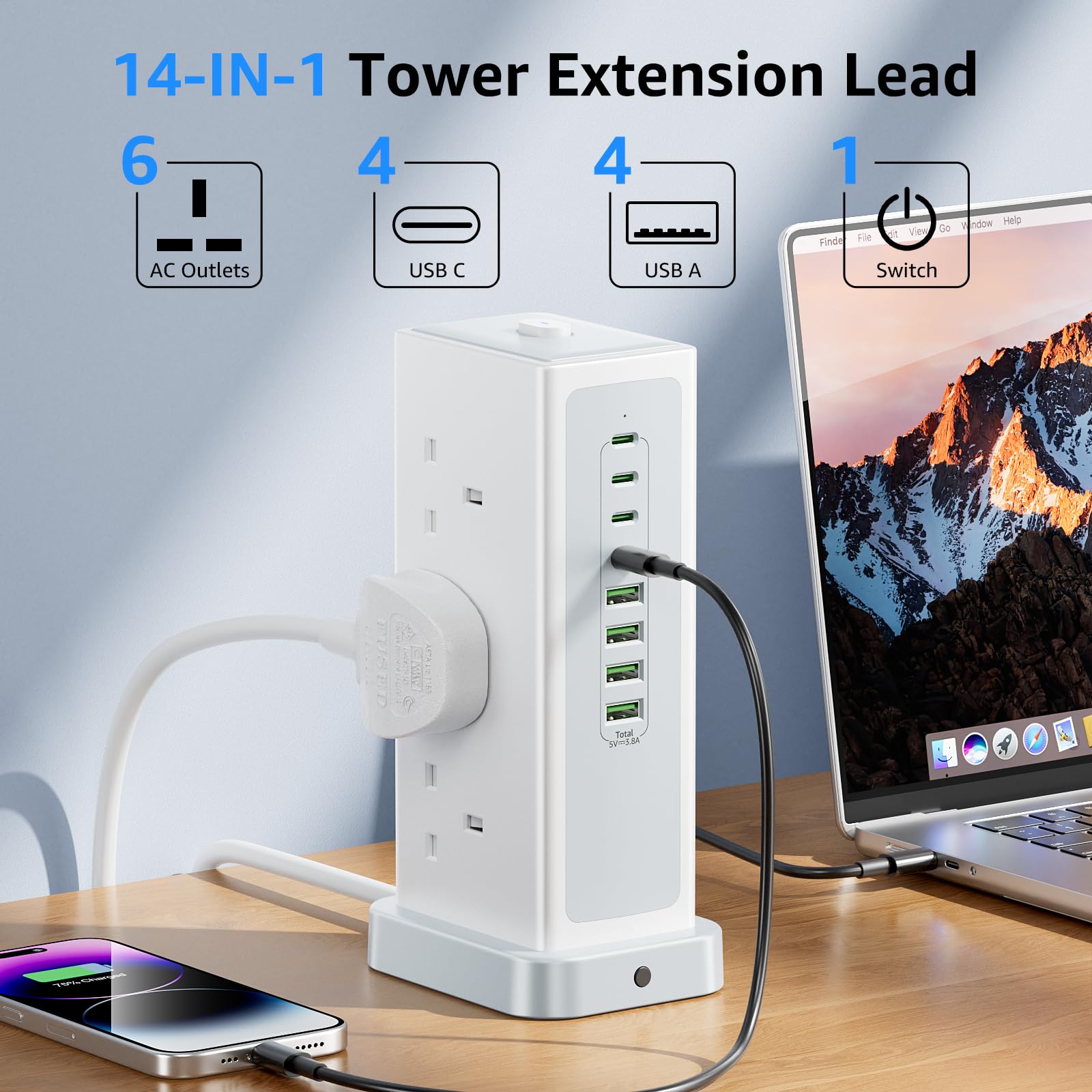 The VoltFlow Tower Extension Lead offers a compact and organised solution for multiple devices.