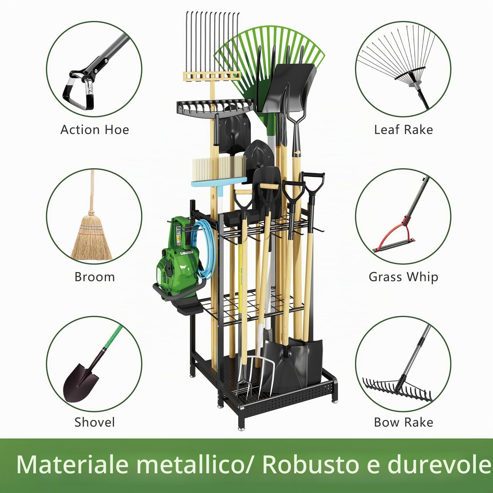 GILLAS Organizer per attrezzi da giardino per garage, rack portaoggetti con ganci, in metallo, per manici lunghi, scope, pala, rastrello, robusto rack pesante per esterni, cortile, nero