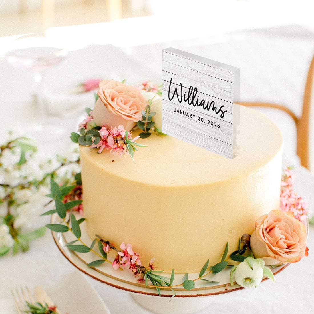 Andaz Press Distressed Whitewash Wood With Date Custom Wedding Cake Topper, Acrylic Square Personalized Couple Cake Topper