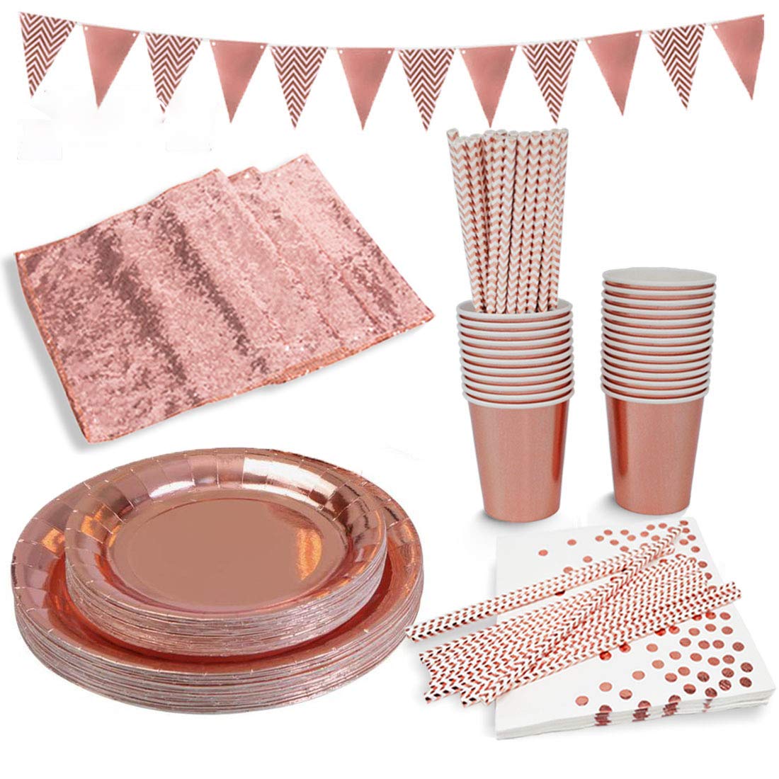 Rose Gold Paper Party Supplies Disposable Paper Plates Tableware Set-25 Dinner Plates,25 Dessert Plates,25 Cups,25 Napkins,25 Straws,1 Table Runner,1 triangle party banner for Serves 25