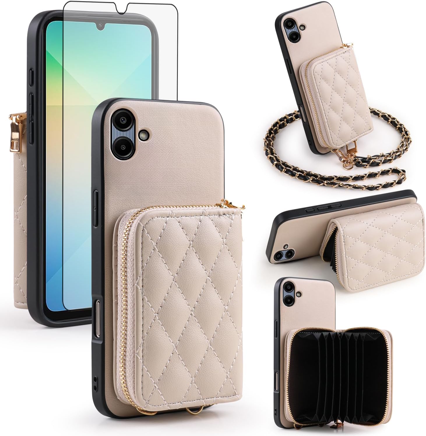 Argyle Wallet Cover for Samsung Galaxy A06 4G with Tempered Glass Screen Protector Shoulder Strap, Luxury PU Leather Zipper Organ Card Holder Stand Phone Case for AO6 A 06 Women Girls Khaki