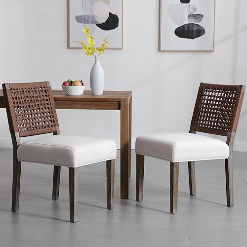 Miniatura 11 de chairus Juego de 4 sillas de comedor tapizadas, sillas de comedor de granja, sillas de cocina beige con respaldo de cuerda de tejido bajo, sillas