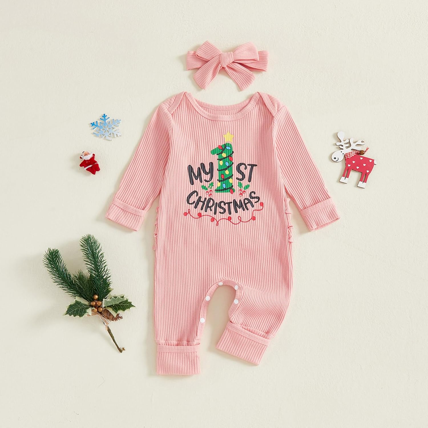 My 1st Christmas Baby Girl Outfit Letter Print Ribbed Long Sleeve Romper Jumpsuit Newborn Fall Winter Clothes Headband - Image 7