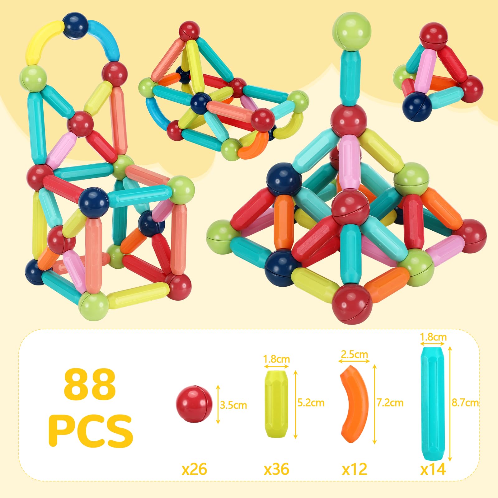 Costruzioni Magnetiche per Bambini, 88 Pezzi blocchi magnetici per bambini, set di costruzioni giocattolo magnetiche, astoncini magnetici da Costruzione, per ragazzi e ragazze di 3 anni in su