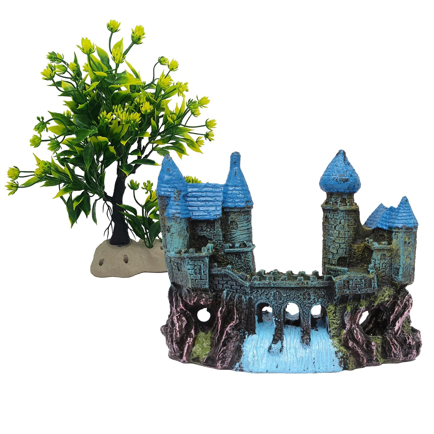JAINSONS PET PRODUCTS Miniature Castle Fountain with Blue Roof & Bridge | Artificial Flower Tree Decoration for Aquarium, Fish Tank Décor & Aquatic Environments